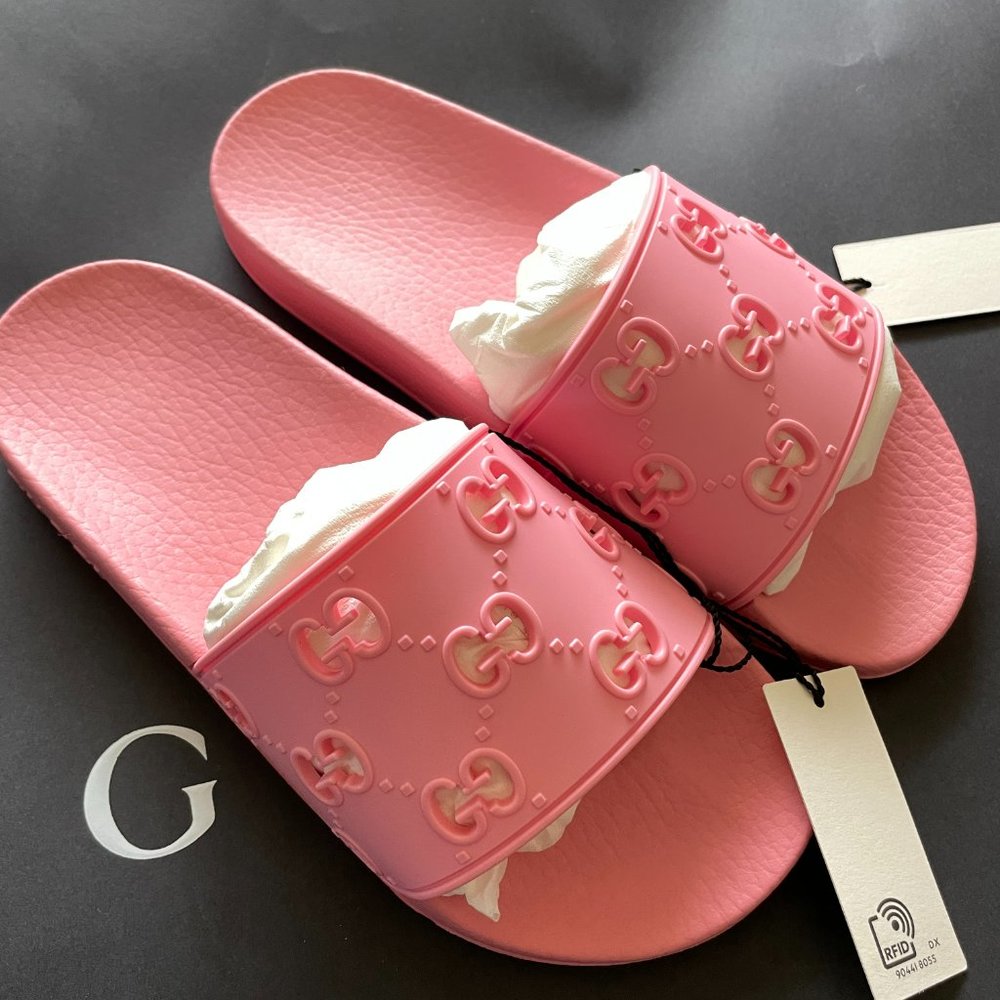 Gucci Pink Embossed Slide Sandals